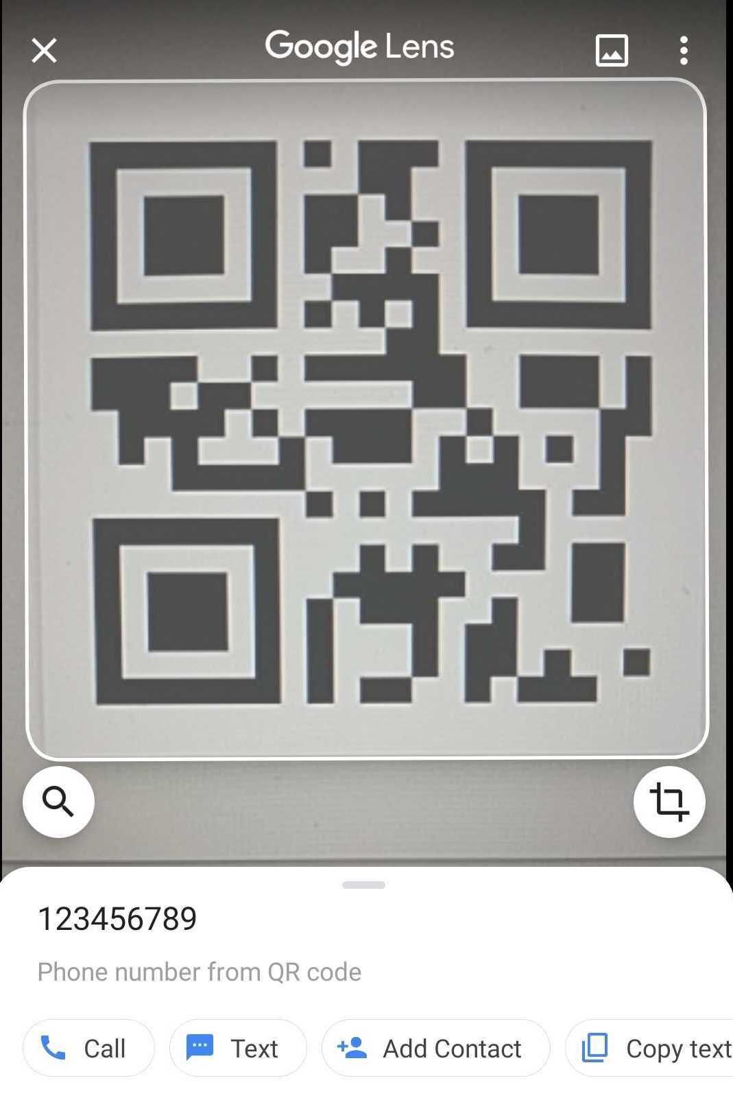 Google Lens QR Code scanned response for a telephone number