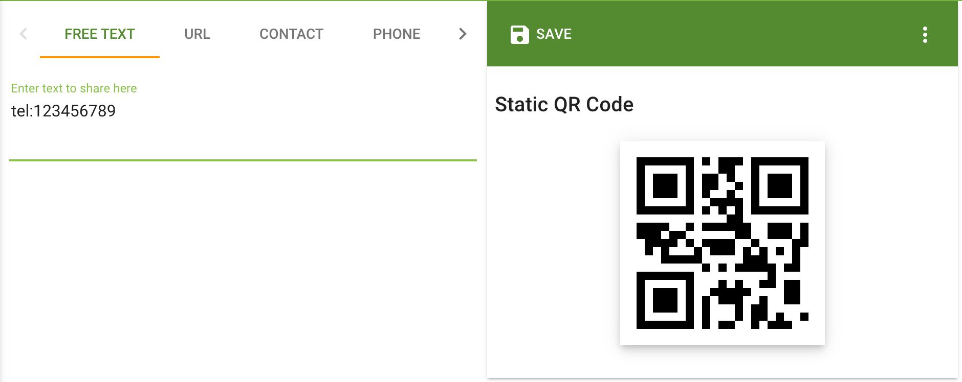 QR generator input box with a value of 'tel:123456789' and the generated QR Code